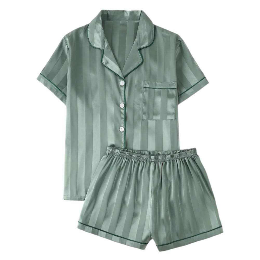 A Classy Chic Boutique Sage Green Satin Stripe Short Pajama Set